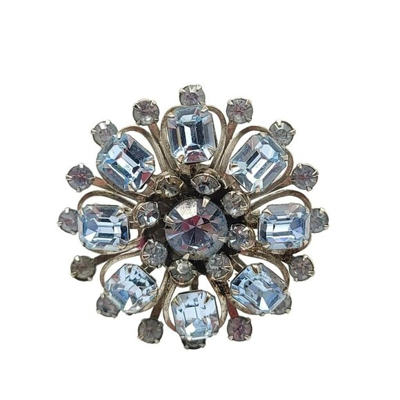Light Blue Glass Rhinestone Large Flower Silver Tone Vintage Brooch Vintage - Picture 1 of 4